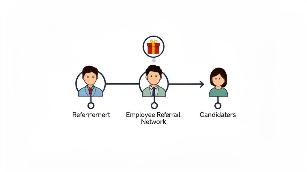 candidate sourcing channels showing a diagram of the employee referral process.