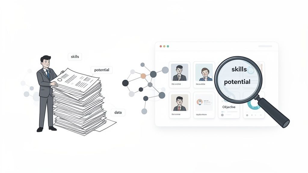 Man digitally analyzing resumes for skills, potential, and data to evaluate talent.