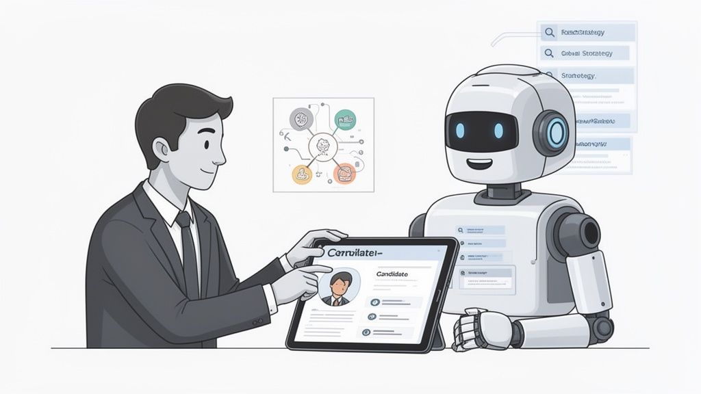 A man and a robot collaborate, viewing a candidate profile on a tablet, showcasing AI in HR.
