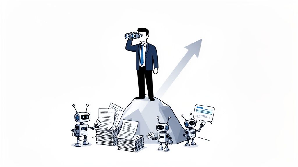 Businessman with binoculars on a mountain, observing growth aided by AI robots processing documents.