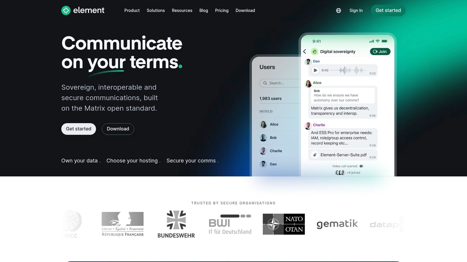 team communication tools for secure communication via Element