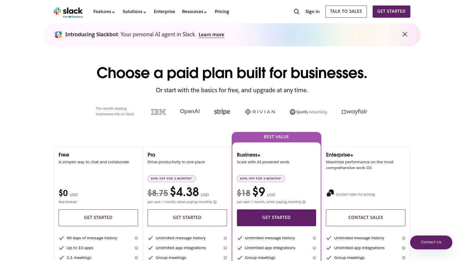 team communication tools pricing page for Slack