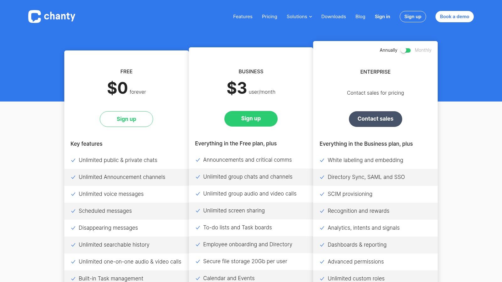 team communication tools pricing plans for Chanty