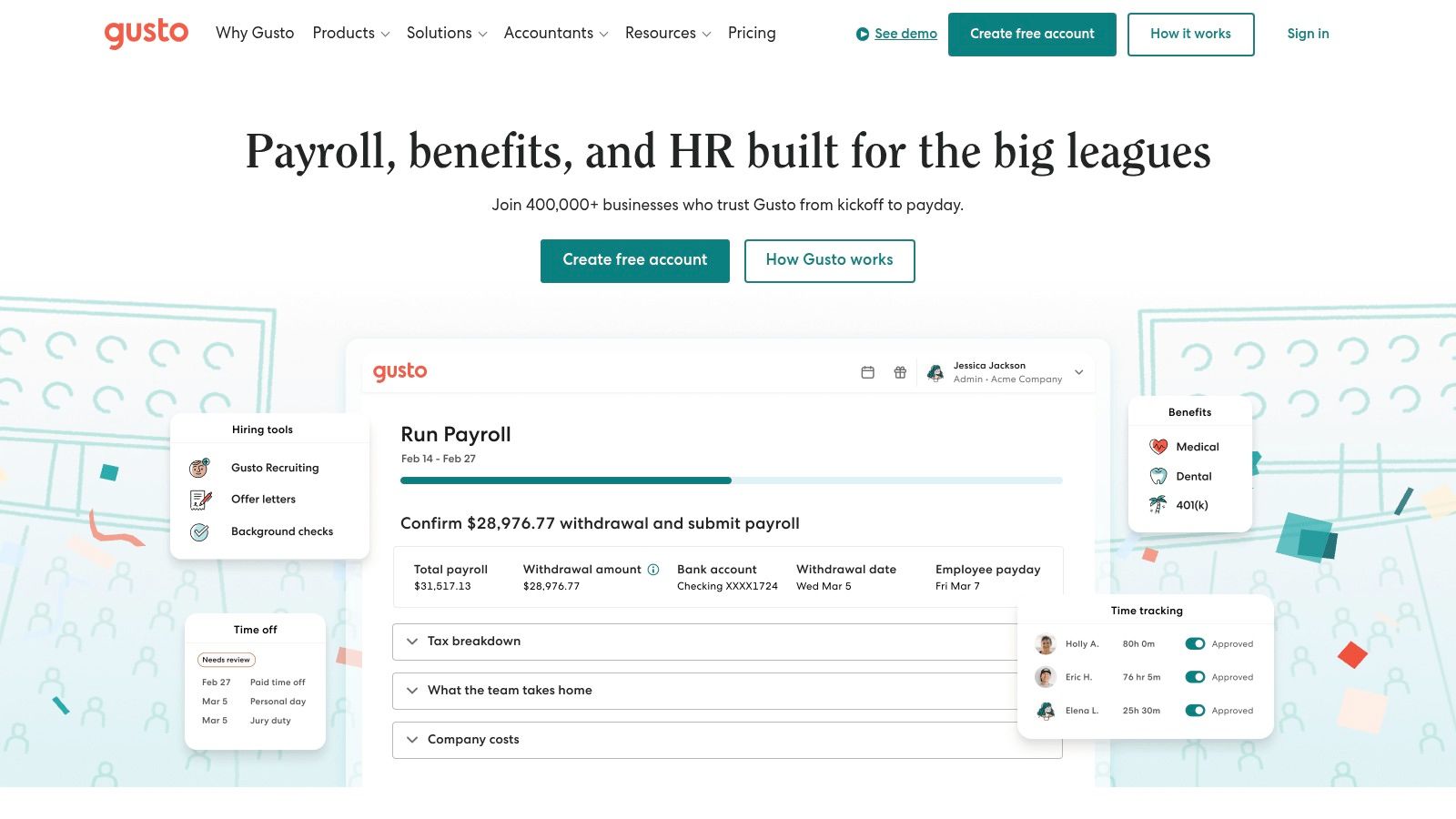Gusto HR dashboard showing employee management features