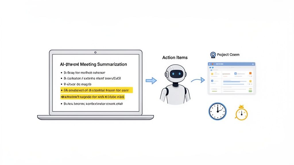 AI meeting summarization tool extracting action items and integrating them into a project management system.