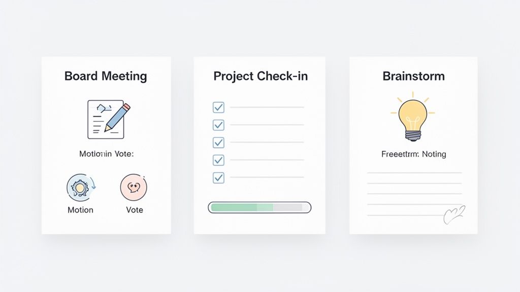 Three clean white cards displaying digital templates for organizing board meetings, project check-ins, and brainstorming.