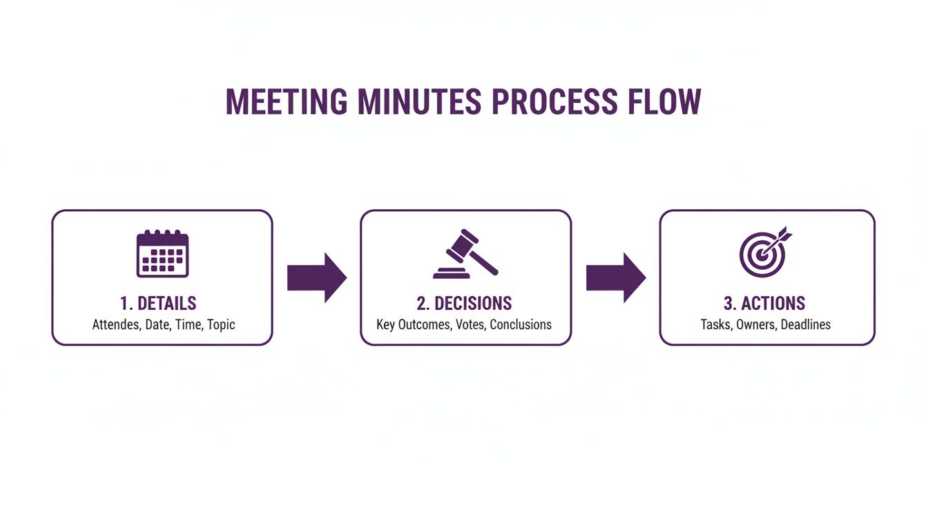 A meeting minutes process flow diagram with three steps: Details, Decisions, and Actions.