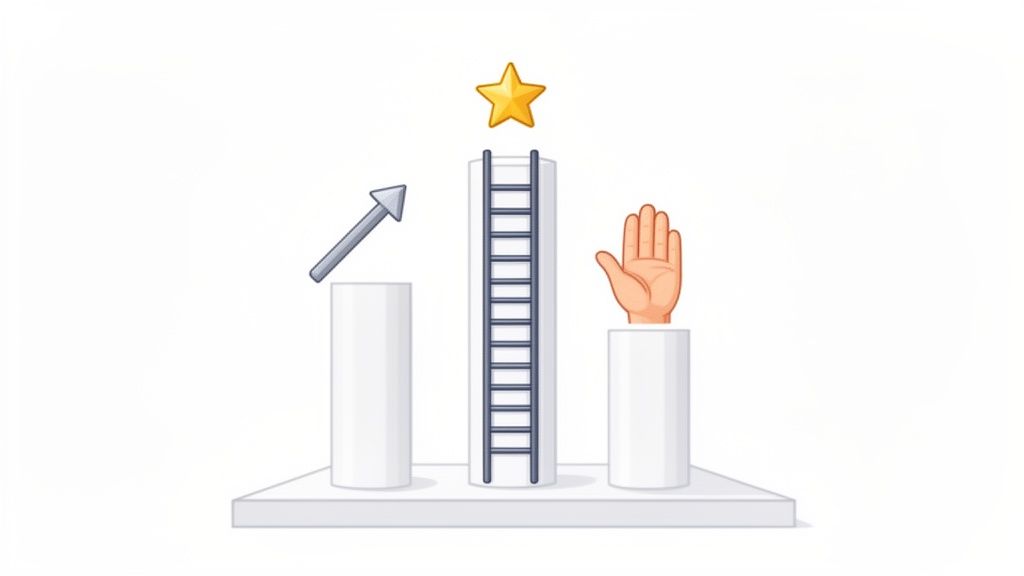 Three columns depicting progress with an upward arrow, a ladder to a star, and a hand signaling stop.