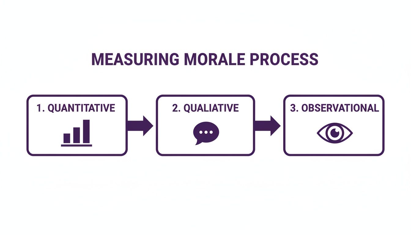 Diagram illustrating a three-step process for measuring morale: quantitative, qualitative, and observational.