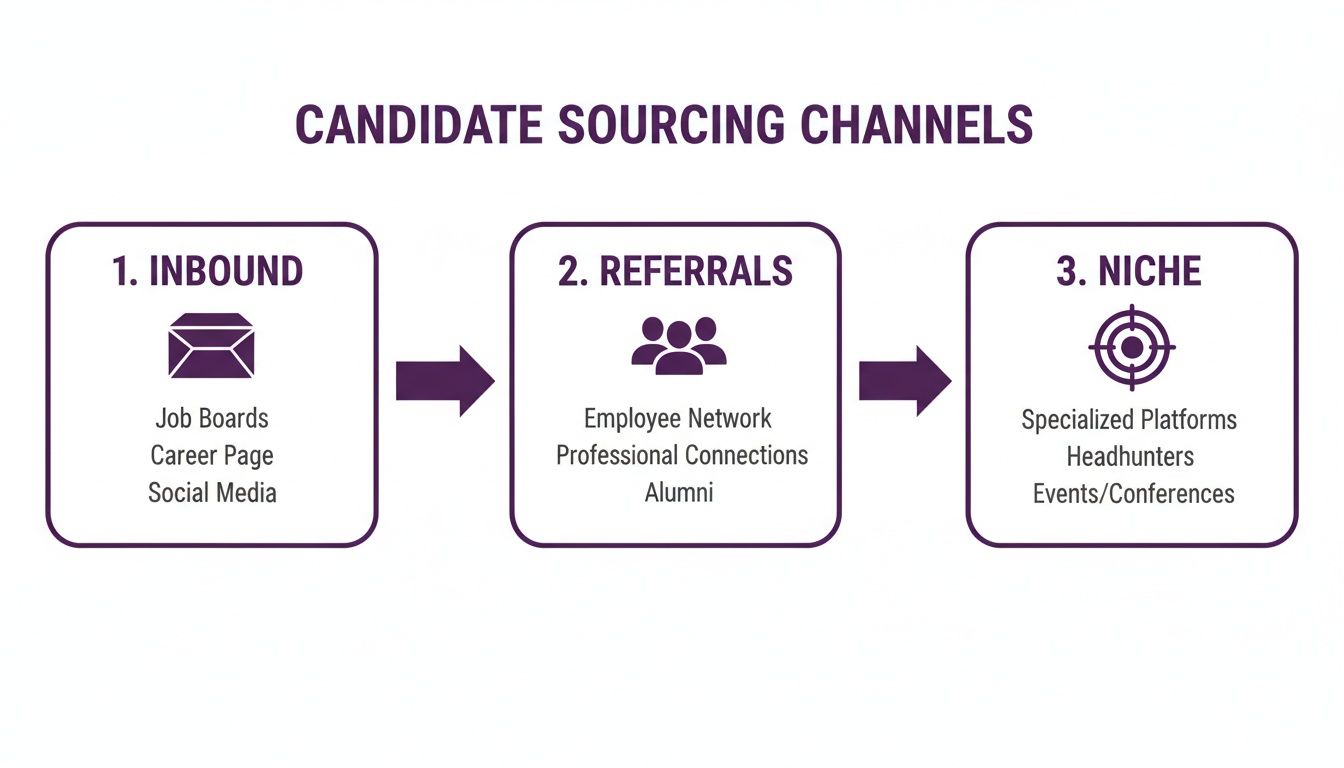 Diagram illustrating three candidate sourcing channels: Inbound, Referrals, and Niche strategies with examples.