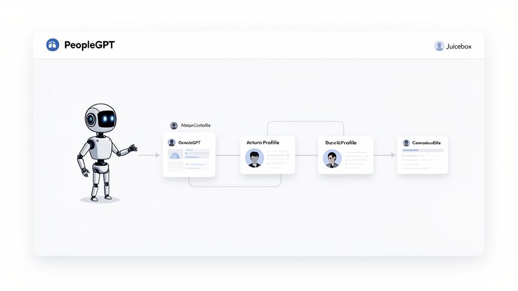 An AI robot, PeopleGPT, interacts with a flow of user profile cards, illustrating an AI-powered data processing workflow.