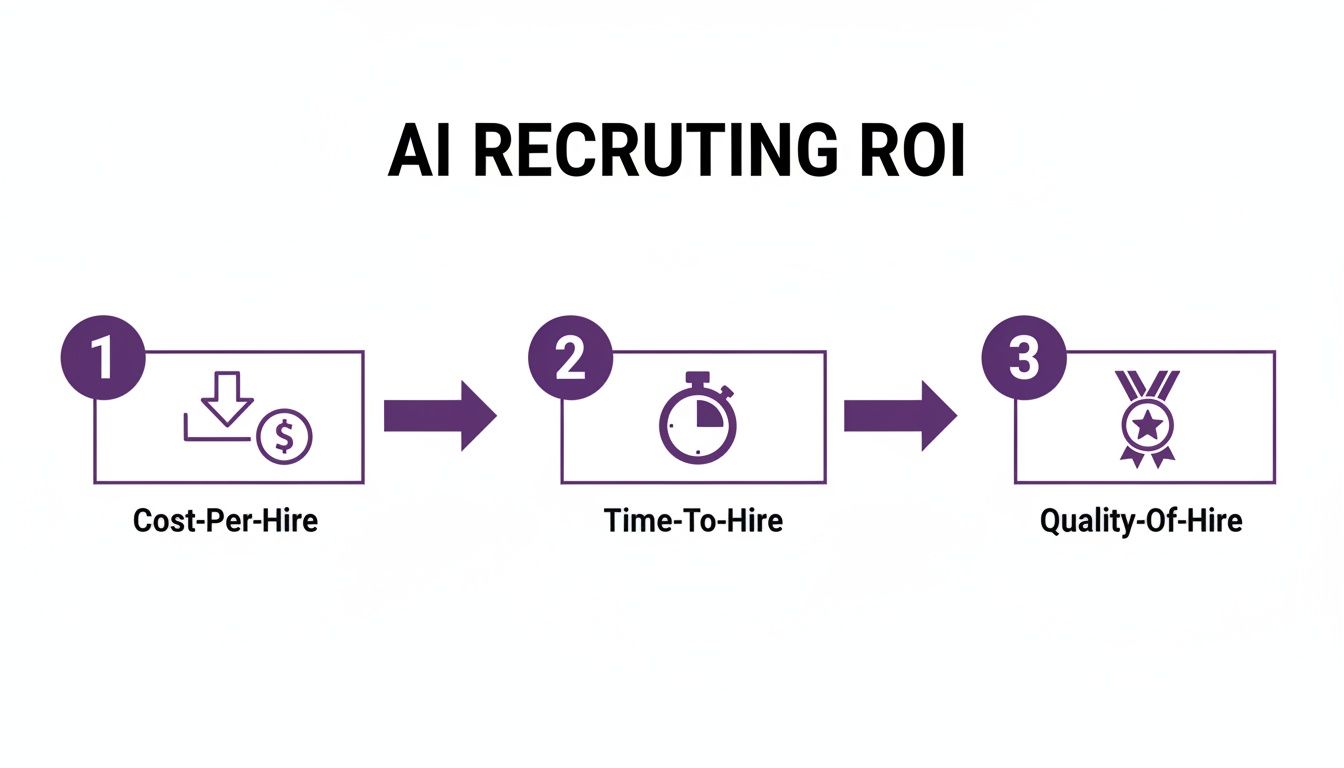 Flowchart showing AI recruiting ROI metrics: cost-per-hire, time-to-hire, and quality-of-hire.