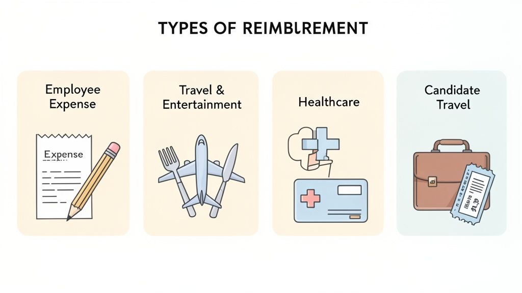 An illustration showing four types of reimbursement: employee expense, travel & entertainment, healthcare, and candidate travel, each with a relevant icon.