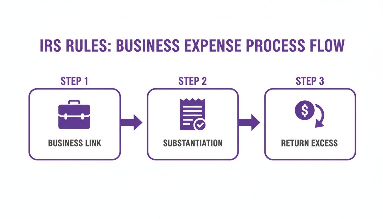 Flowchart illustrating IRS rules for business expense reimbursement, detailing steps for business link, substantiation, and returning excess.