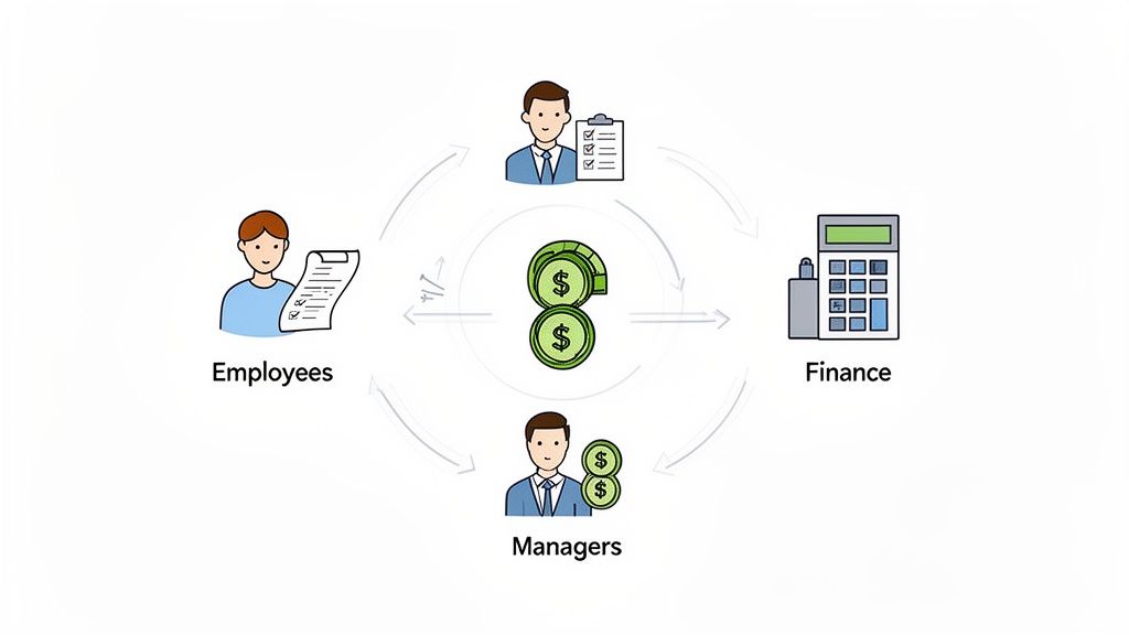 reimbursement diagram showing employees, managers, and finance in a circular expense process.