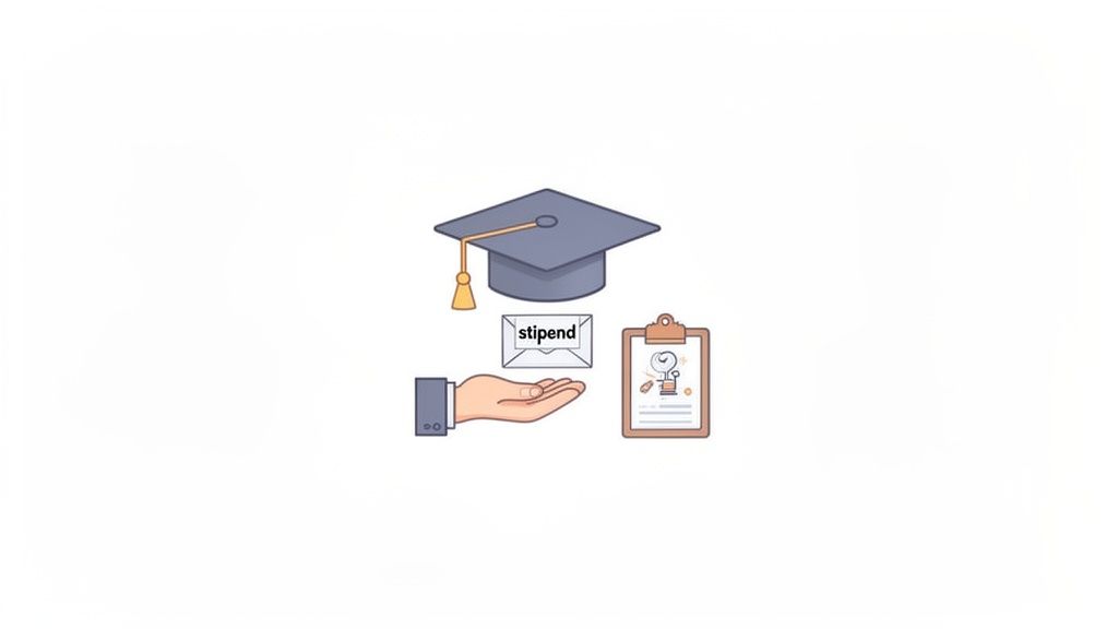 An illustration showing a graduation cap, a hand receiving a stipend envelope, and an application form.