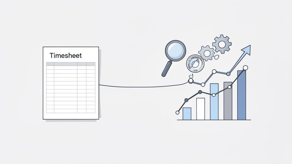 An illustration showing a timesheet connected to analytics tools, gears, and a rising growth graph.