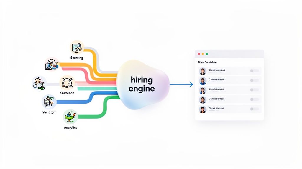 Diagram illustrating a hiring engine integrating sourcing, outreach, analytics, and generating candidate profiles.