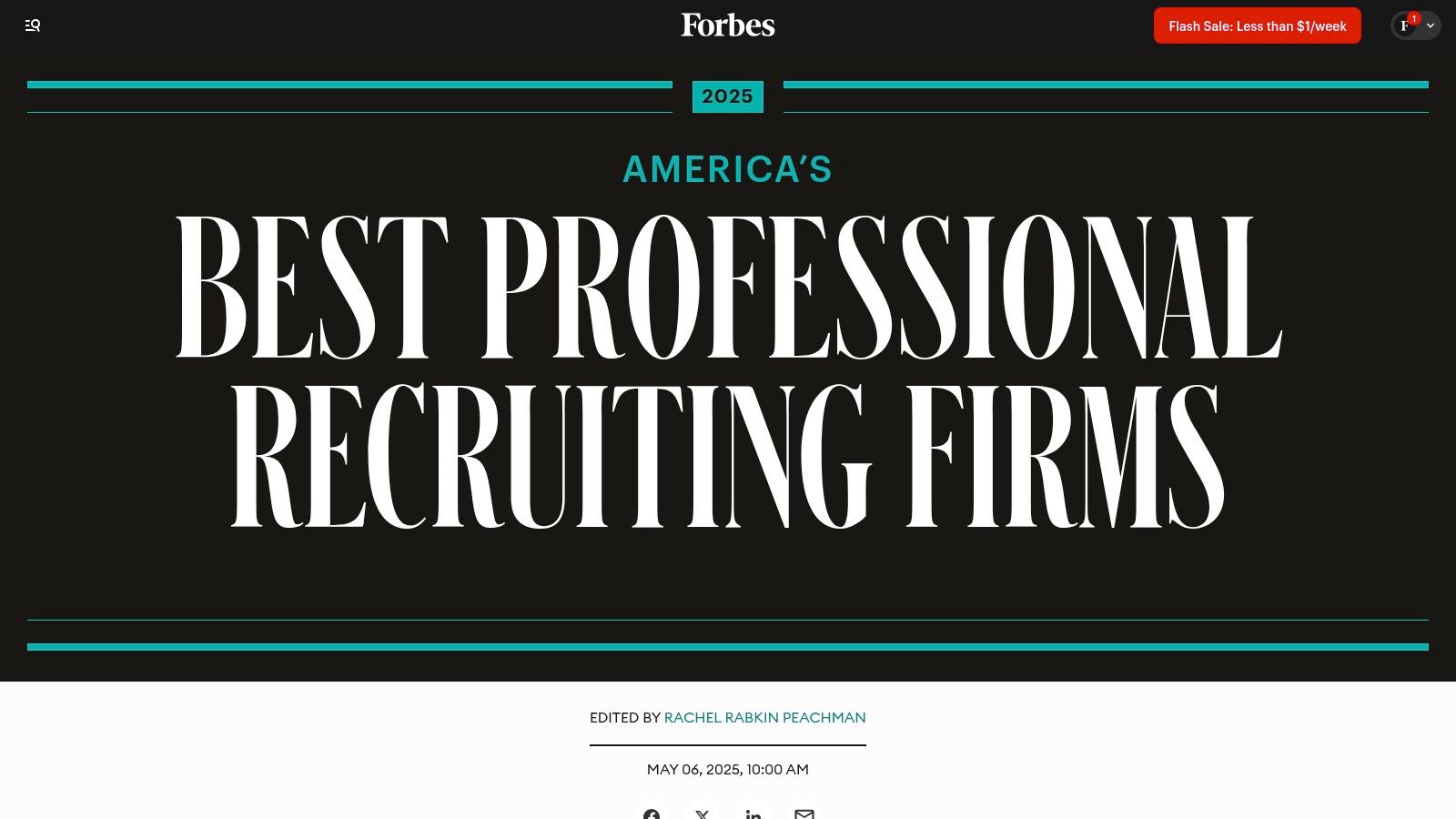 A screenshot of the Forbes article "America's Best Professional Recruiting Firms," showing the headline and introductory text.