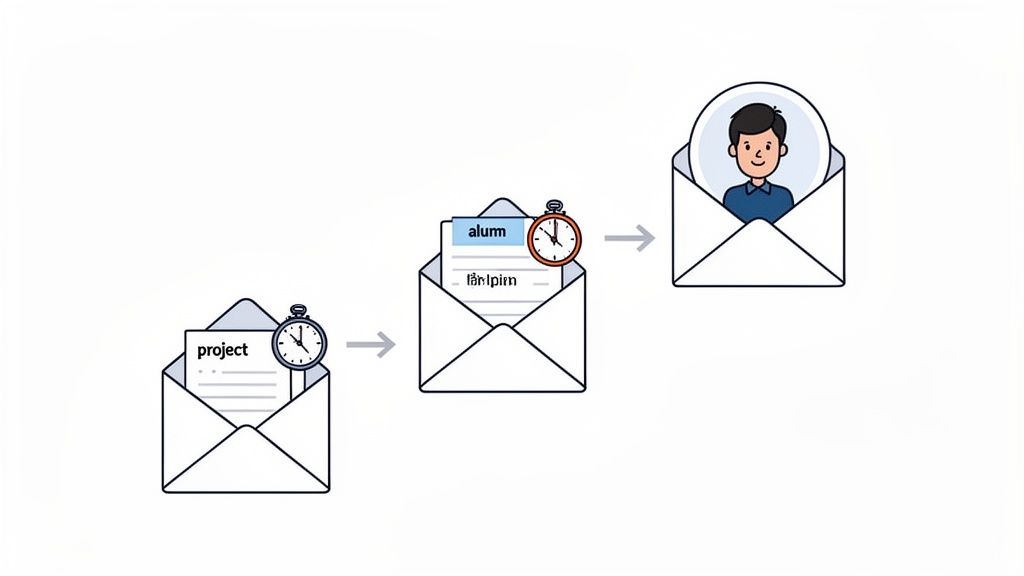 Sequential steps illustrating an automated hiring process, from project details to a happy candidate.