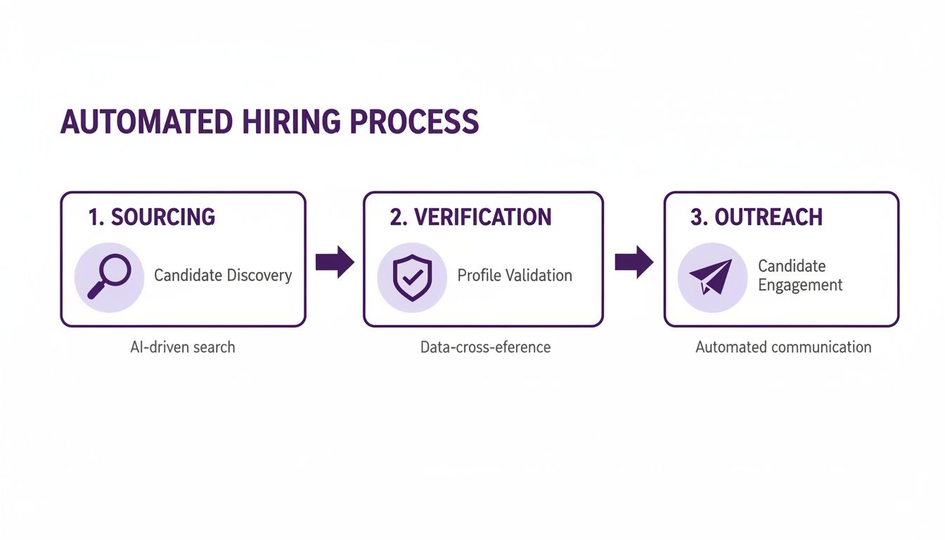 Flowchart detailing the three key steps of an automated hiring process: sourcing, verification, and outreach.