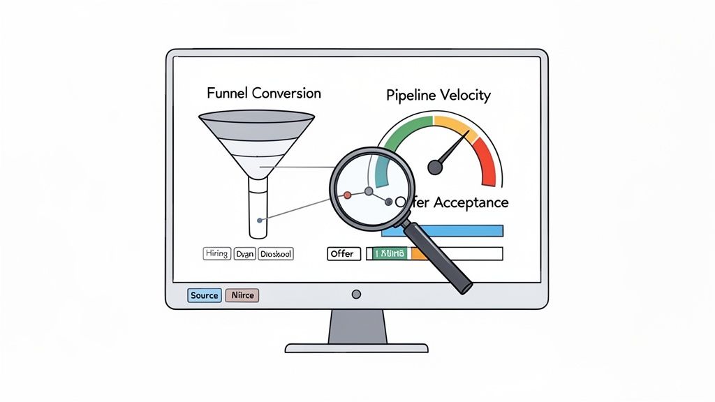 A computer screen displays hiring funnel conversion, pipeline velocity, and offer acceptance metrics, with a magnifying glass examining data points.