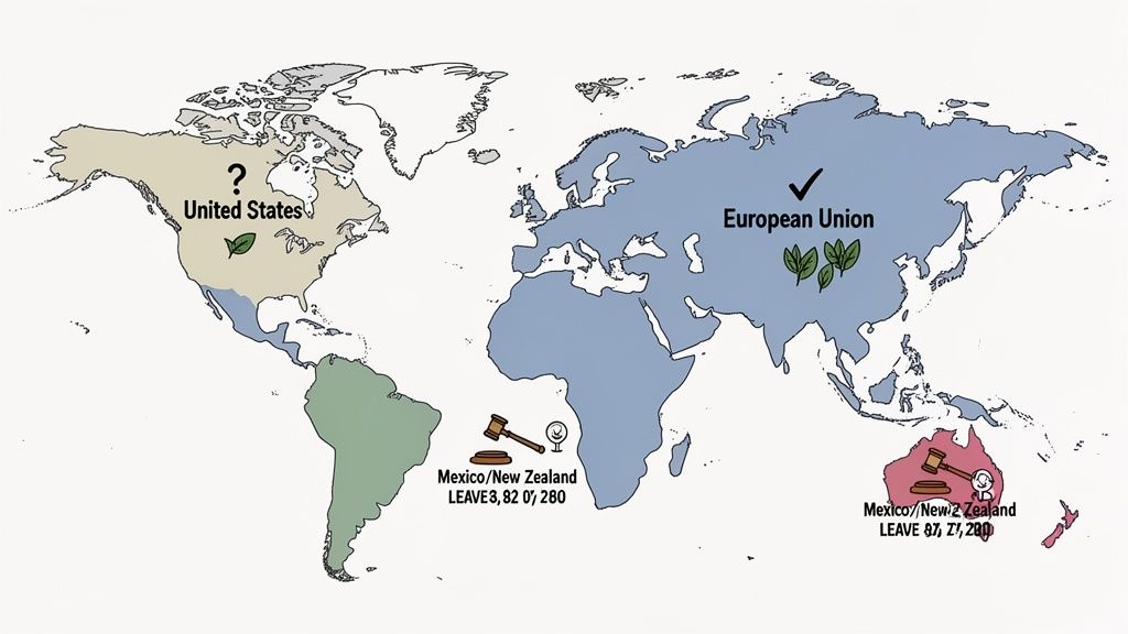 Paid time off world map illustrating US, EU, Africa, and Australia with leaves, checkmarks, and legal symbols.