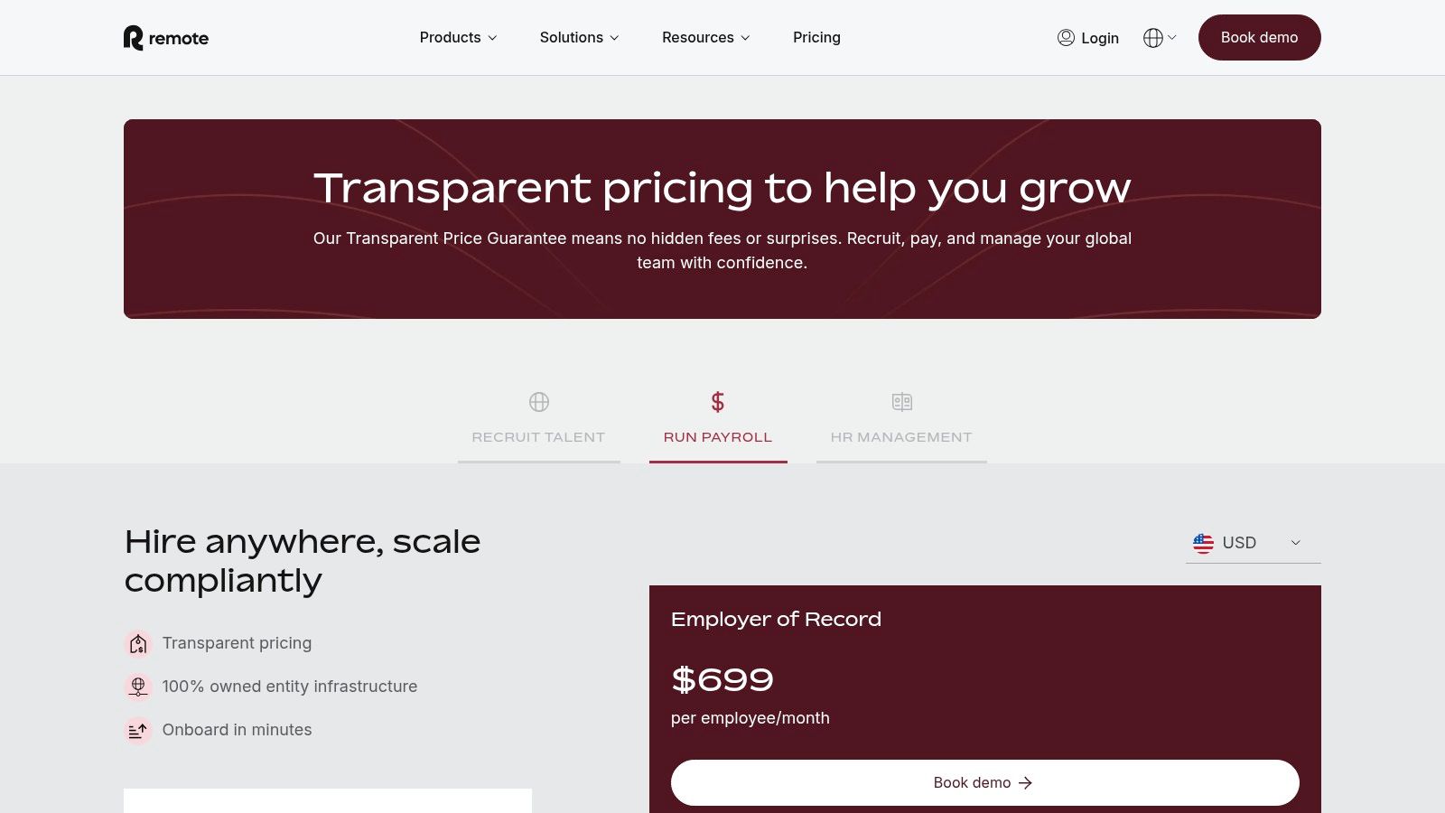 Deel alternatives payroll pricing from Remote.com, showing costs for contractors and EOR employees