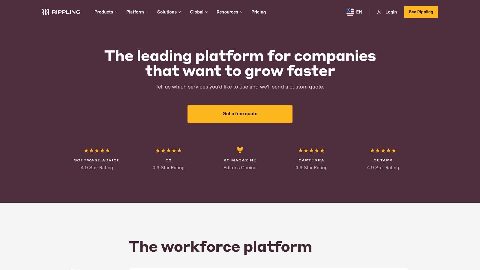 Deel alternatives website banner for the Rippling workforce platform