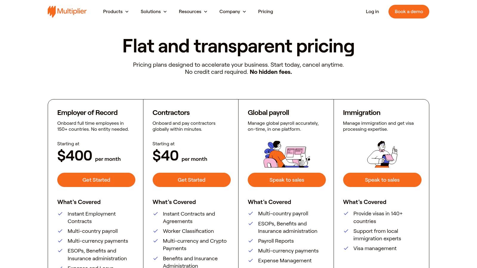 Deel alternatives pricing plans from Multiplier showing EOR and contractor management costs