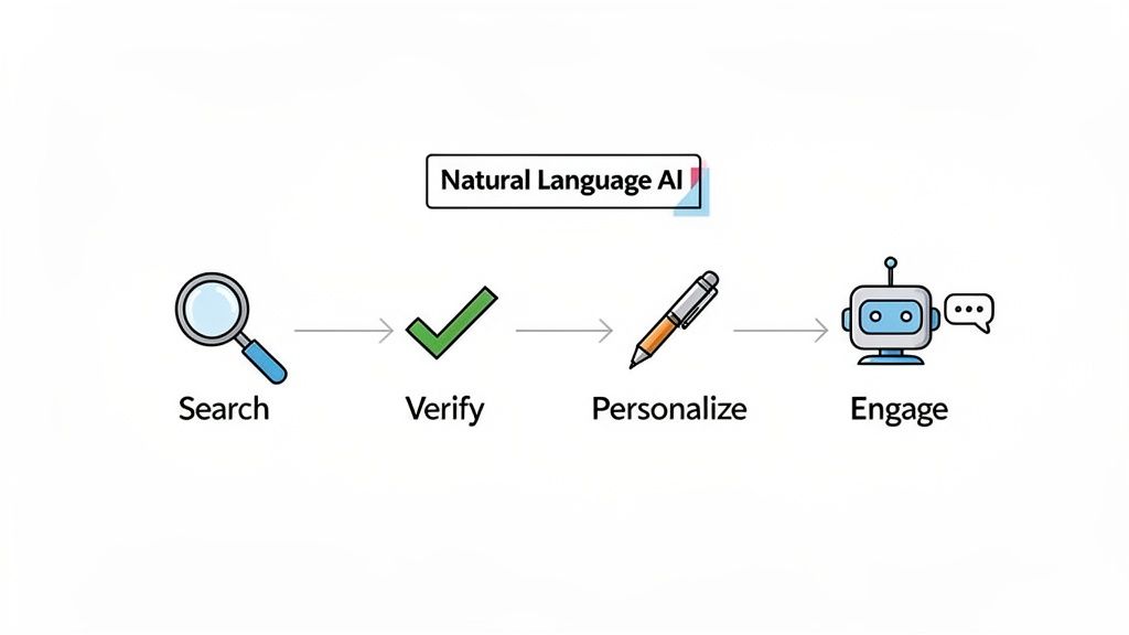 Diagram illustrating Natural Language AI process steps: Search, Verify, Personalize, and Engage.