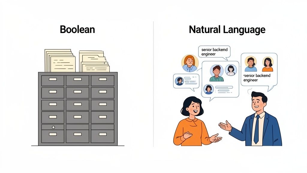 Illustration comparing Boolean search represented by a filing cabinet with natural language search showing people discussing profiles.