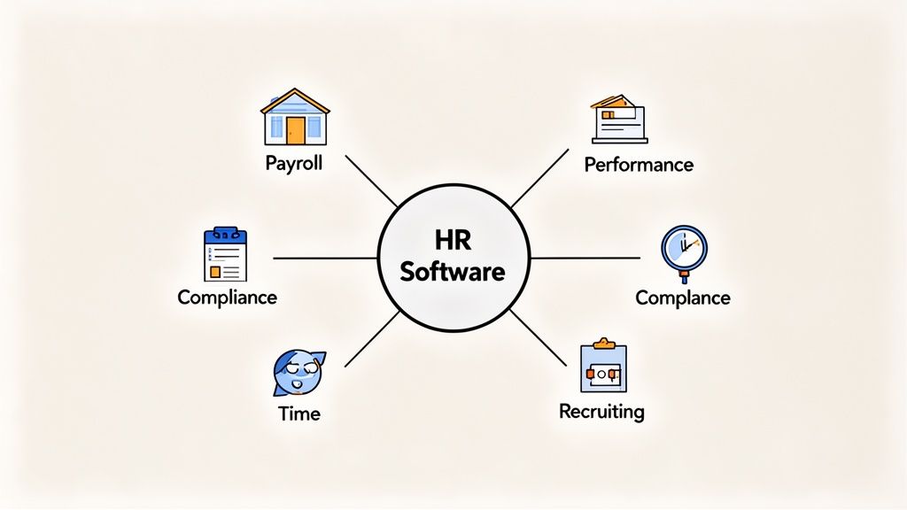A diagram showing HR Software at the center, connected to modules like Payroll, Performance, Compliance, Recruiting, and Time.