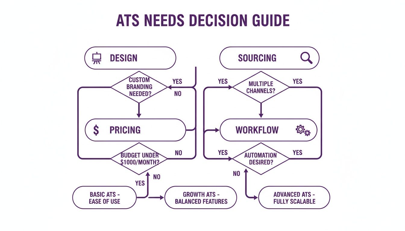 A decision guide flowchart for choosing an Applicant Tracking System based on design, sourcing, pricing, and workflow needs.