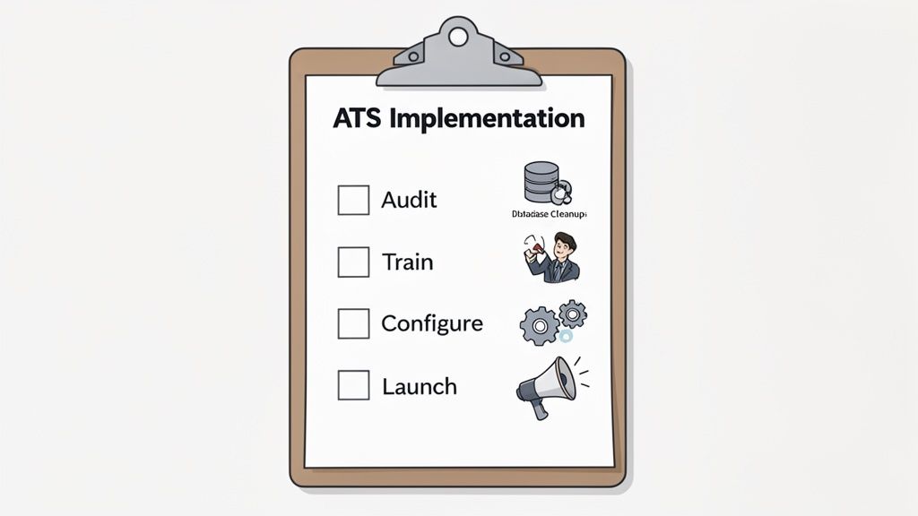 A clipboard checklist illustrates the four key steps for ATS implementation: audit, train, configure, and launch.