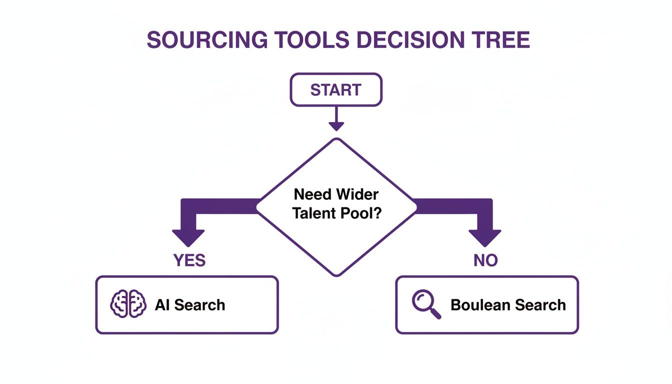 Sourcing tools decision tree showing AI Search for wider talent pools and Boolean Search otherwise.