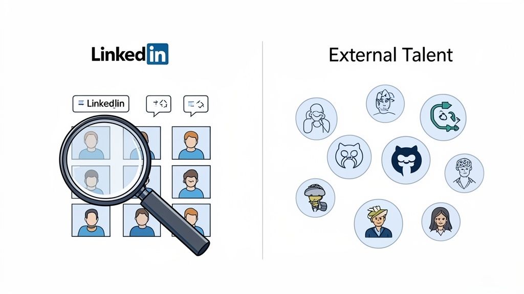 Illustrating talent search on LinkedIn profiles versus diverse external talent represented by various avatars.