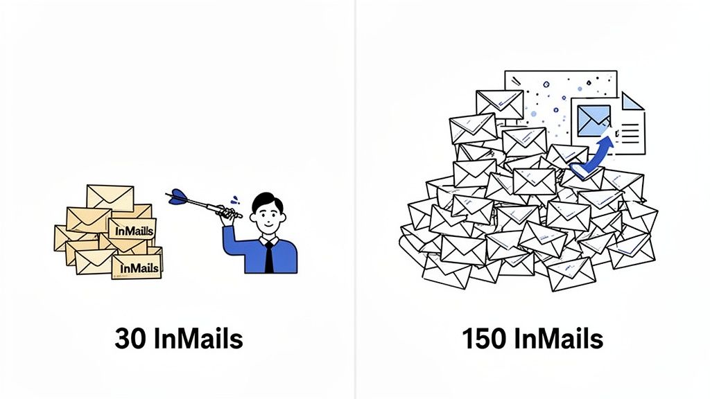 Illustration comparing 30 targeted InMails with a dart-wielding man versus 150 untargeted InMails.