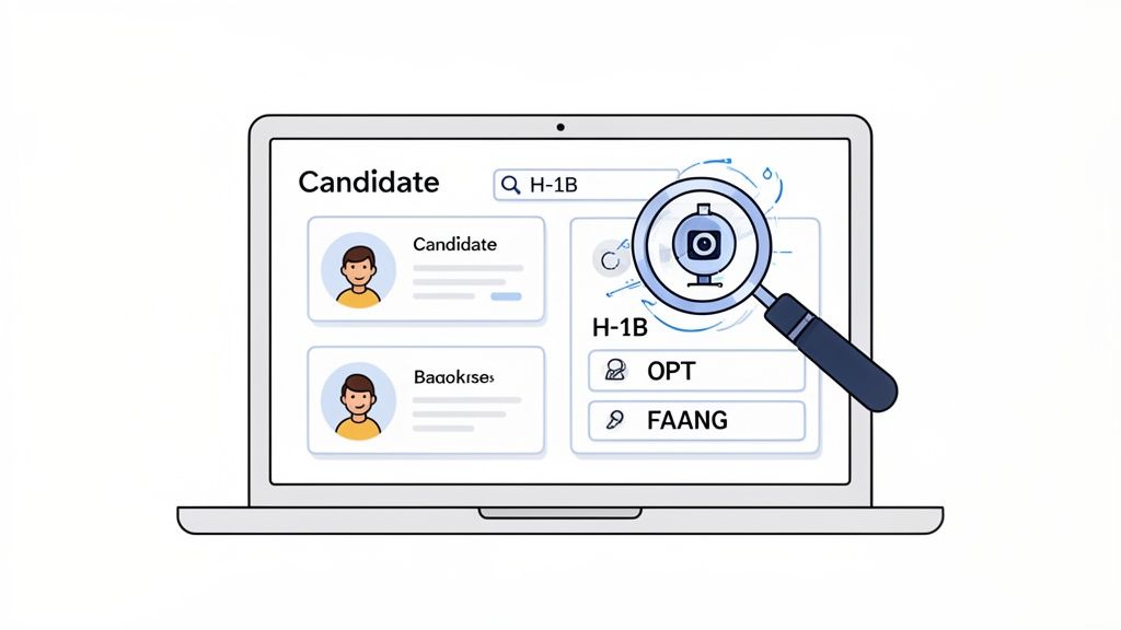 Illustration of a laptop screen searching for job candidates using H-1B, OPT, and FAANG criteria.