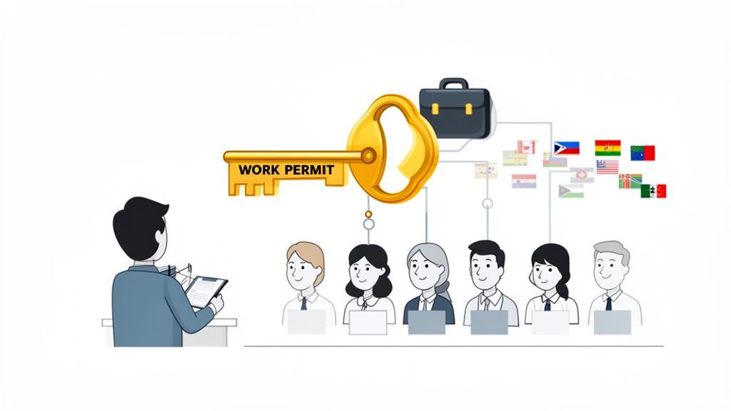 work permit key connecting employees and country flags