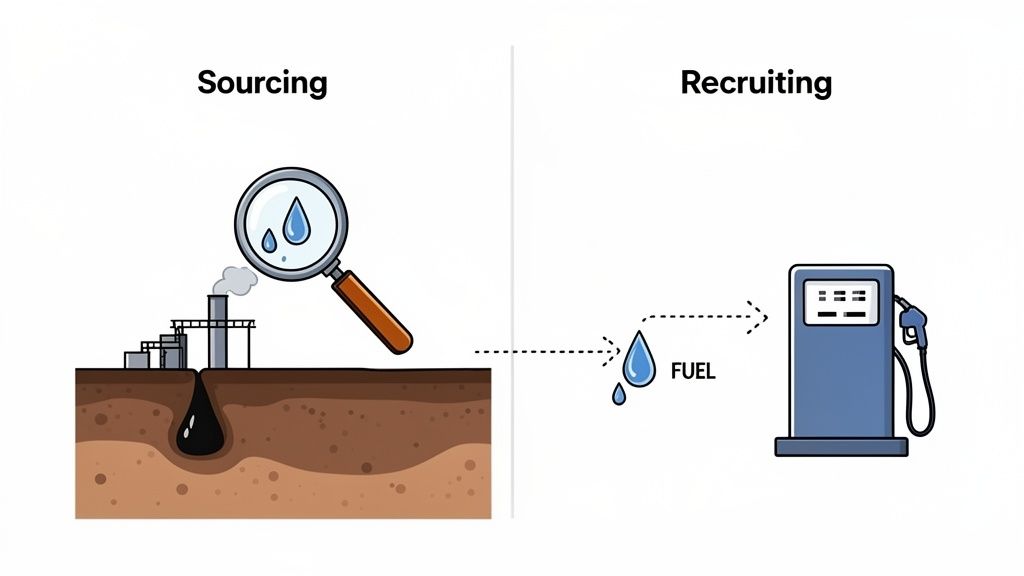 sourcing vs recruiting comparison showing sourcing as finding untapped oil and recruiting as converting it to fuel.