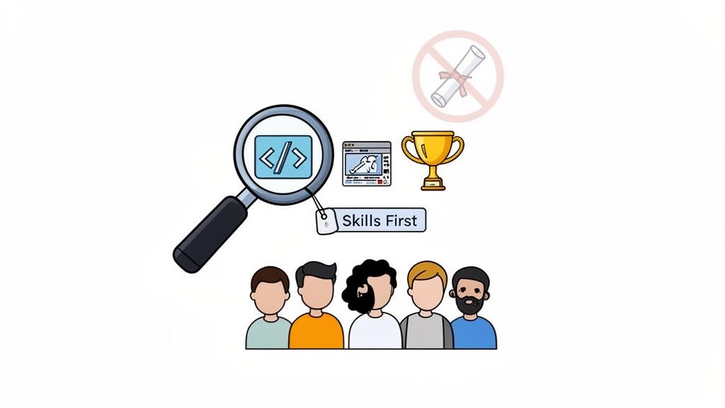Magnifying glass highlights coding skills, projects, and a trophy, prioritizing them over diplomas for a diverse team.