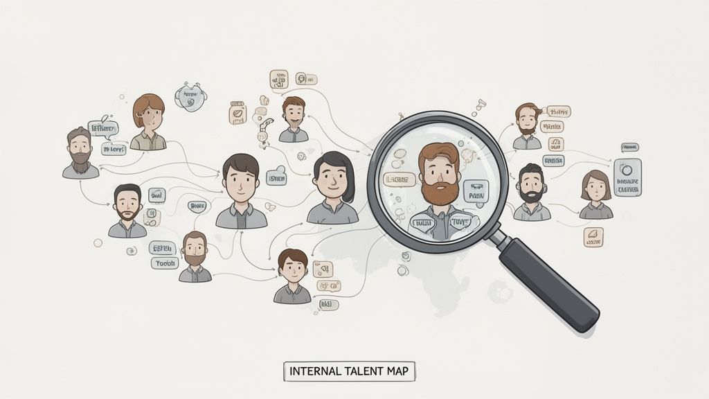 An illustration of an internal talent map showing people connected by lines and various skills, with a magnifying glass highlighting one individual.
