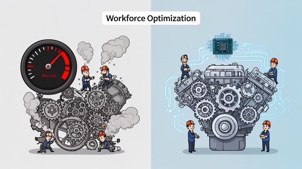Illustration: struggling manual workforce with gears and smoke vs. optimized tech-powered workforce.