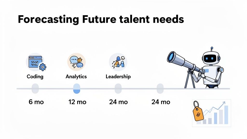 Robot with a telescope forecasts future talent needs, showing coding, analytics, and leadership skills.