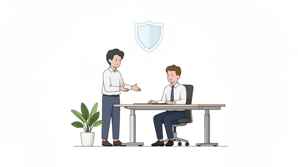 Two men discussing in a modern office, one standing, one seated, beneath a shield icon.