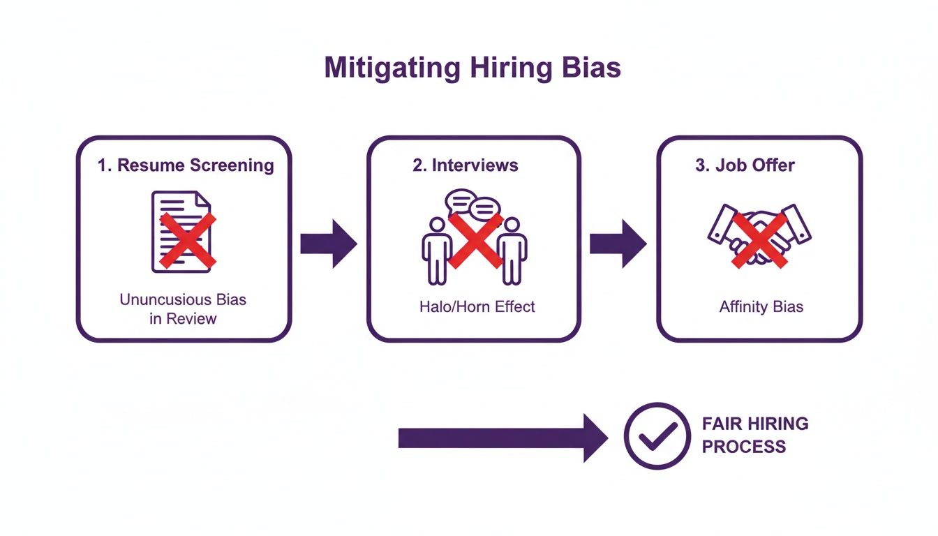 Infographic on mitigating hiring bias across resume screening, interviews, and job offers for a fair process.