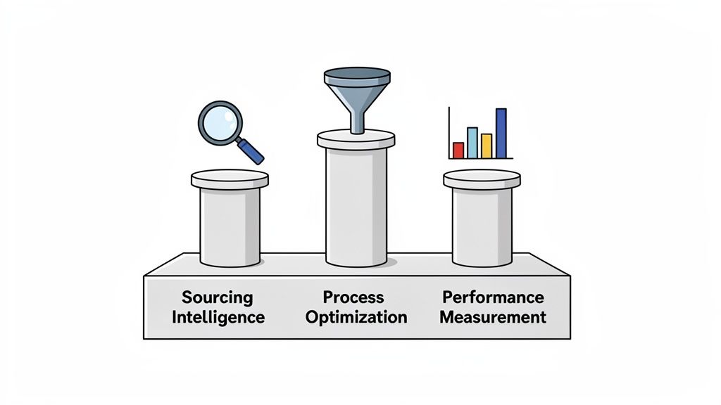 A visual representation of a three-stage business process: sourcing intelligence, process optimization, and performance measurement.