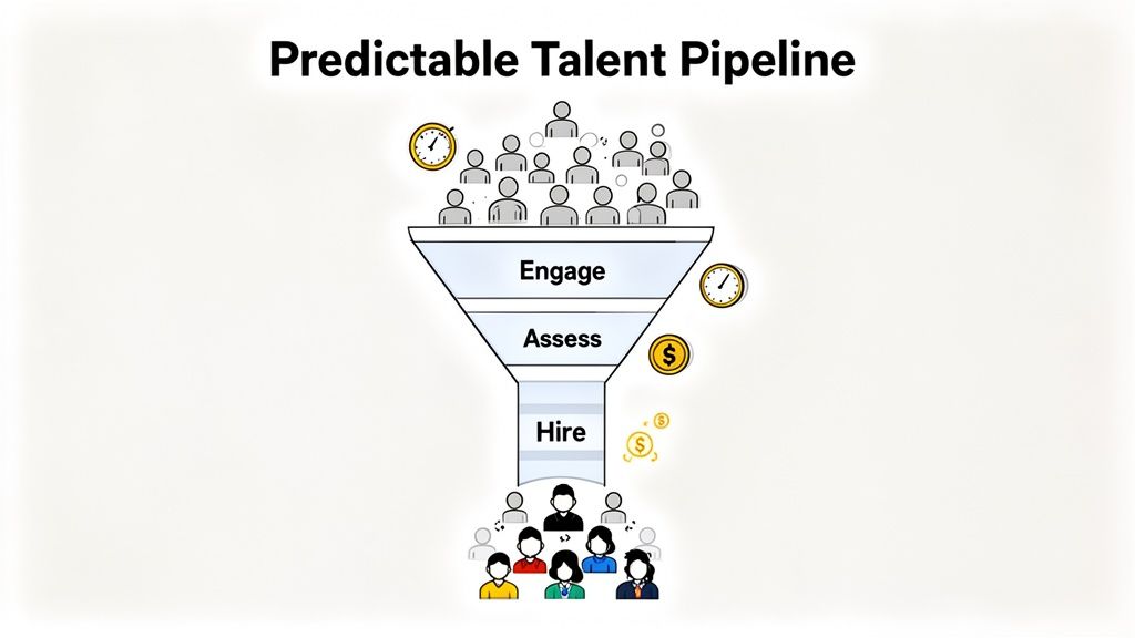 Predictable talent pipeline funnel showing engage, assess, and hire stages for candidate conversion.