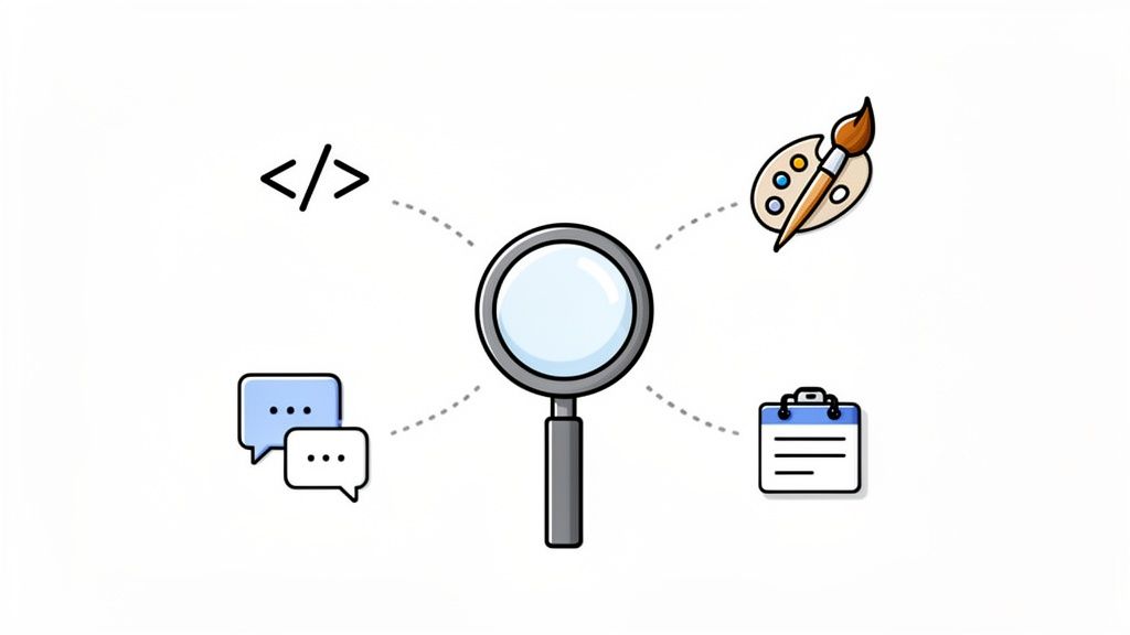A magnifying glass at the center connects icons for coding, design, communication, and planning, symbolizing diverse HR sourcing aspects.